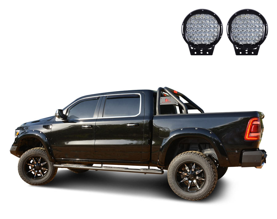 Classic Black Horse Roll Bar Incl.Set of 9 Black Round LED Light Compatible with 19-24 Ram 1500 Excludes Classic models-RB002BK-PL69B