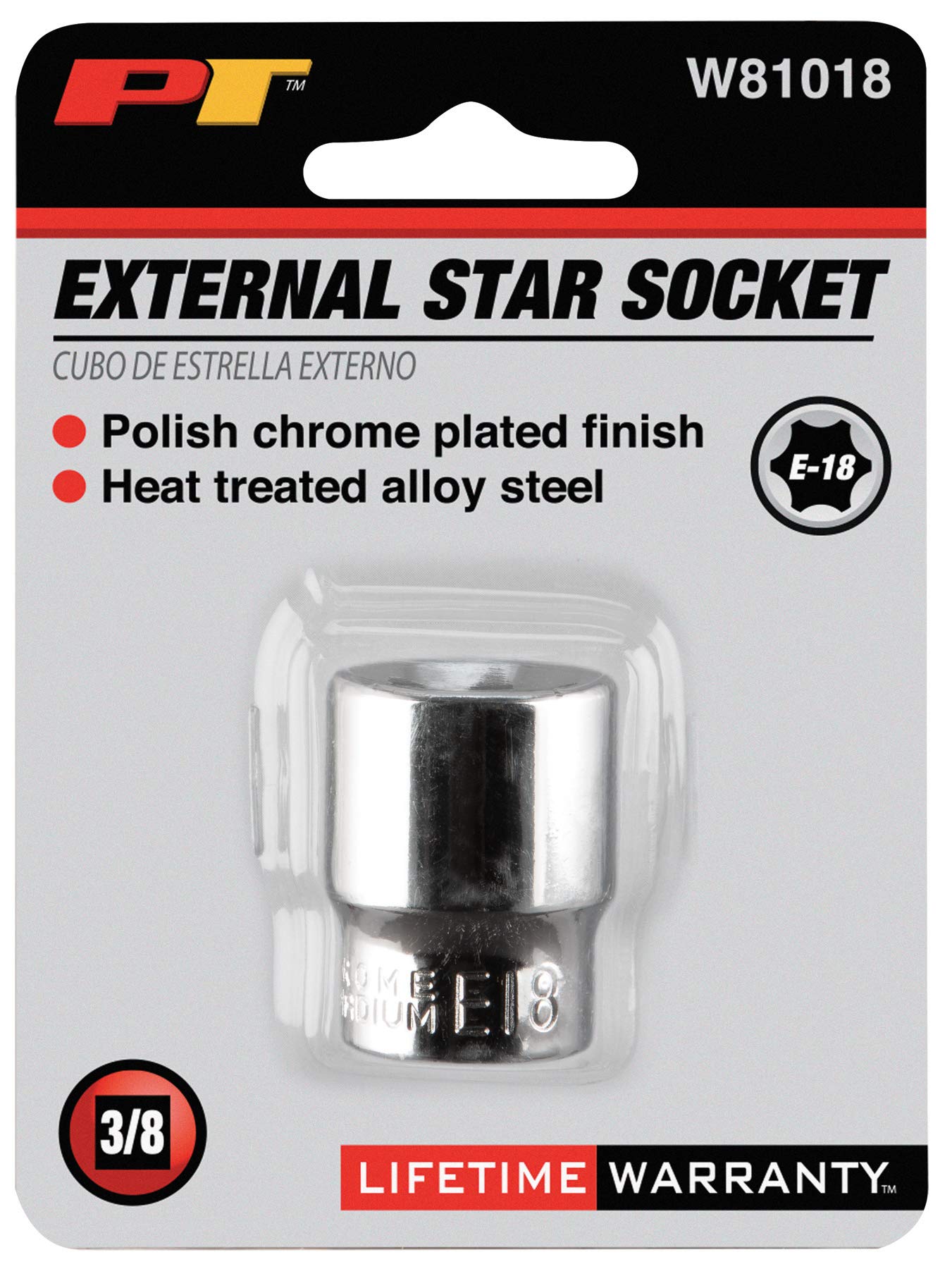 3/8" Drive Performance Tool E-18 Socket - Heat Treated Alloy Steel with Polished Chrome Plated Finish