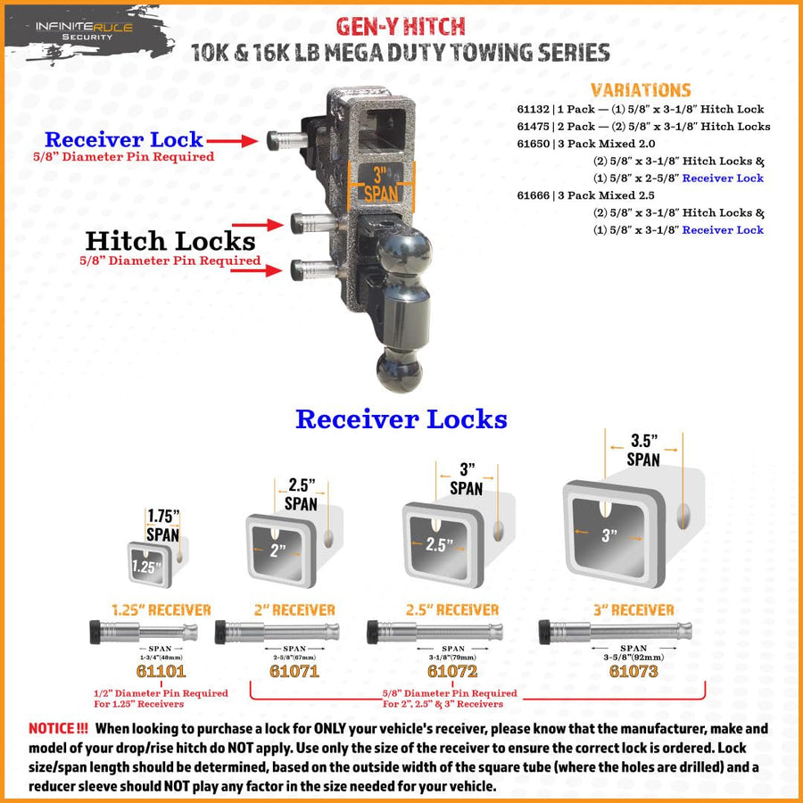 Security InfiniteRule 61475 | 2 Pack, Keyed Alike, Hitch Locks for Gen-Y Hitch Mega Duty 10K LB & 16K LB Series - Fits Adjustable Ball Mount Only - Does NOT FIT Vehicle Receiver