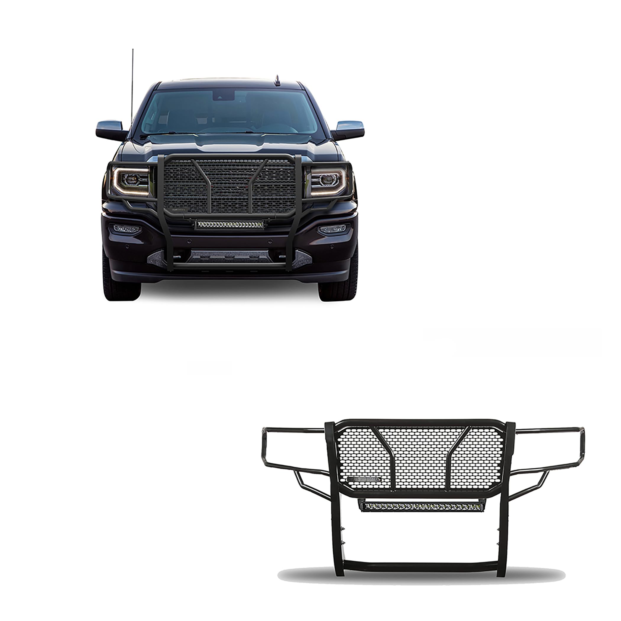 Heavy Duty Black Horse RUGGED Grille Brush Bumper Guard Modular Black Come With Single Row LED Light Compatible with 2014-2018 GMC Sierra 1500|2019-2022 GMC Sierra 1500 Limited-RU-GMSI14-B-K2
