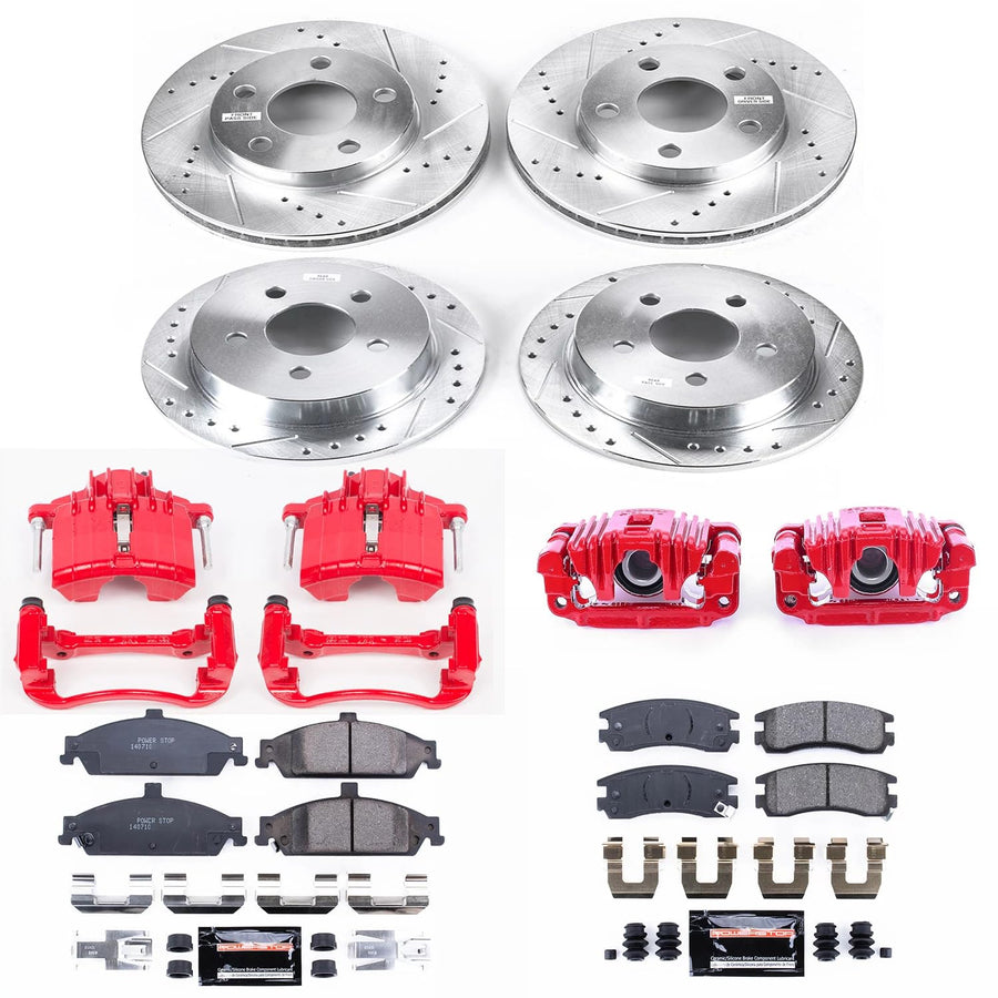 Power Stop Z23 Evolution Sport Front and Rear Caliper Brake Kit-Drilled/Slotted Rotors, Brake Pads, Carbon Ceramic Calipers For Oldsmobile Alero, Pontiac Grand Am [Model Specific]
