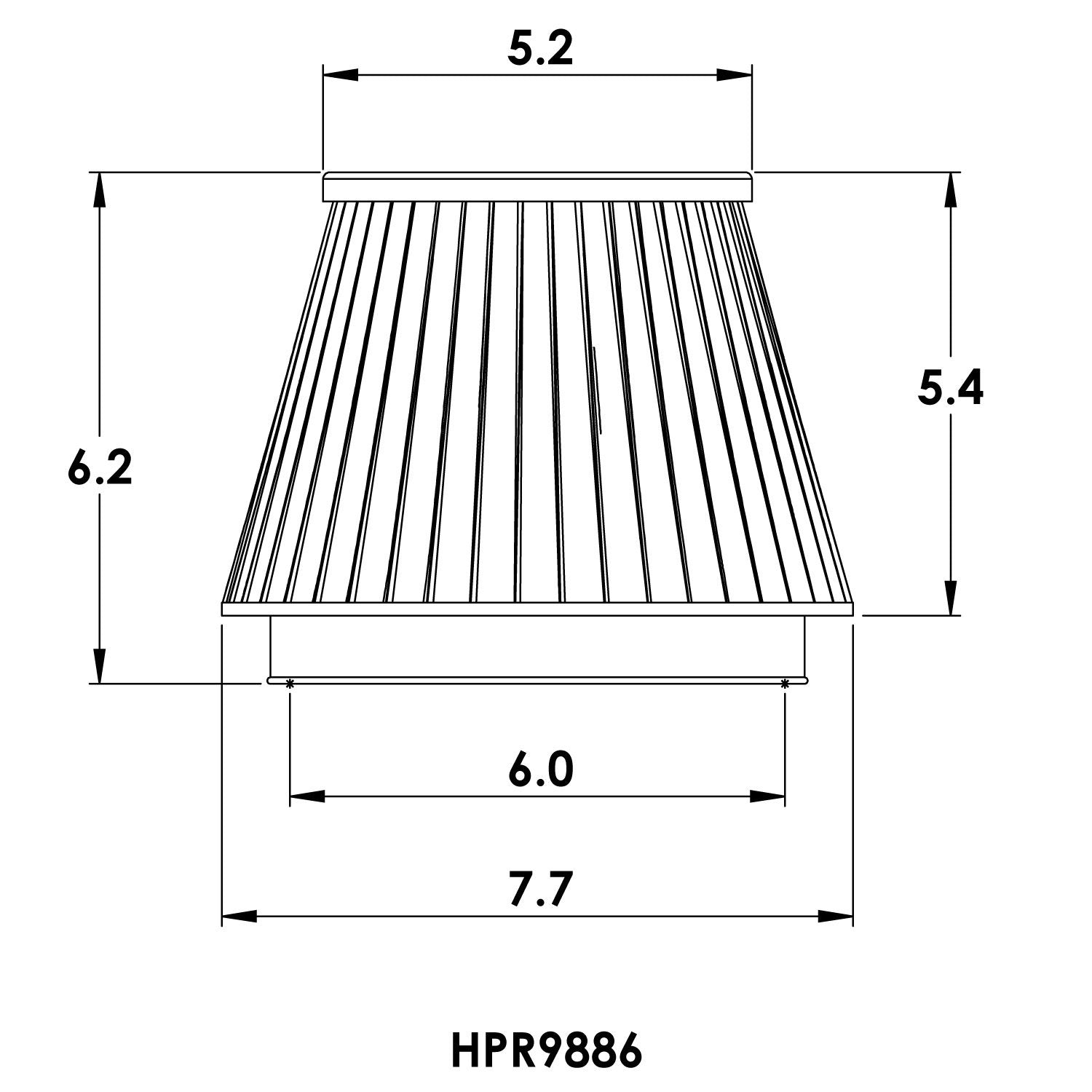 Universal Clamp-On Air Filter: Spectre High Performance, Washable Filter: Round Tapered; 6 in (152 mm) Flange ID; 6.219 in (158 mm) Height; 7.719 in (196 mm) Base; 5.219 in (133 mm) Top, SPE-HPR9886