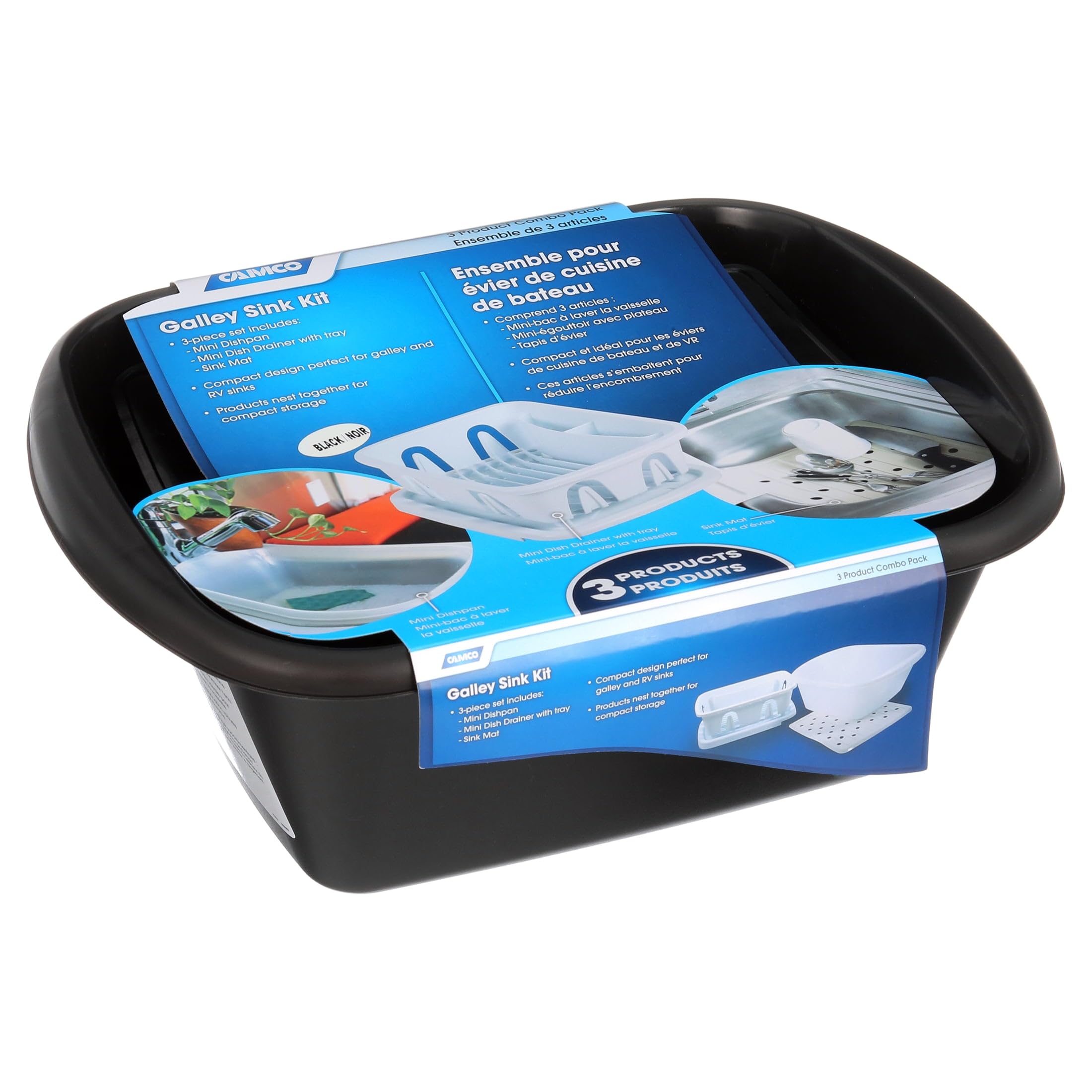 Black Camco Sink Kit with Dish Drainer, Dish Pan and Sink Mat