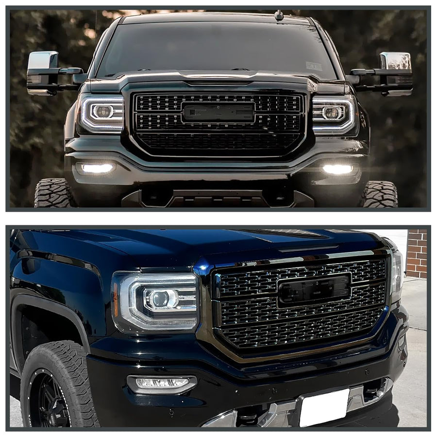 Denali Style Mesh Front Bumper Hood Grille Spec-D Tuning Glossy Black Compatible with 2016-2018 GMC Sierra 1500 SLE SLT