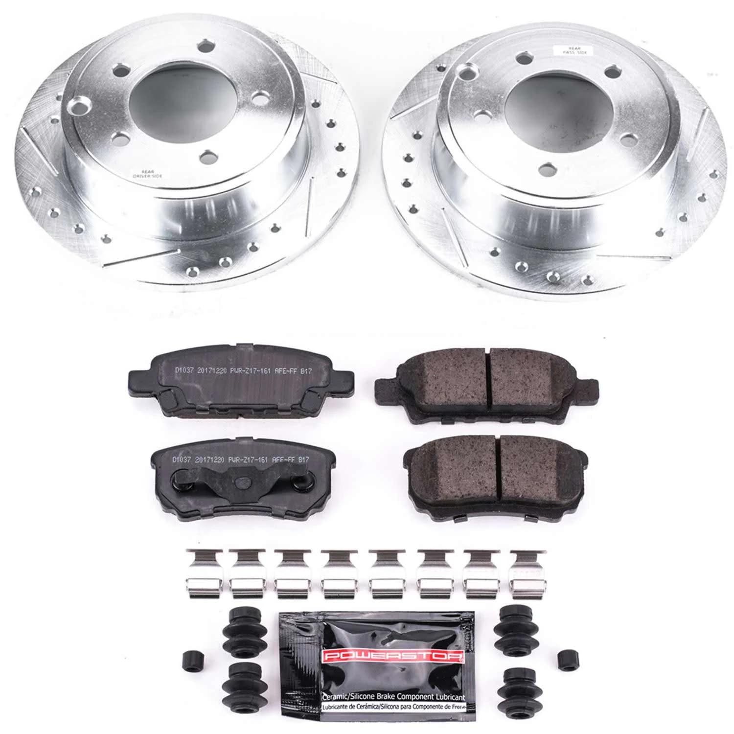 Power Stop K3033 Z23 Carbon Fiber Brake Pads Rear with Drilled and Slotted Brake Rotors Kit For Chrysler 200 Sebring | Dodge Avenger Caliber Compass Patriot | Lancer [Application Specific]