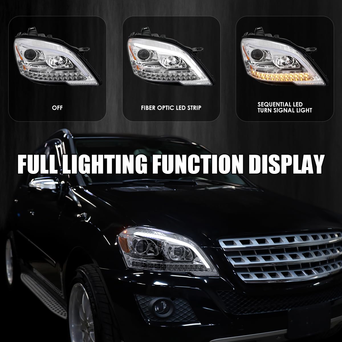 Chrome Projector Headlights SPEC-D TUNING with LED Sequential Turn Signals Compatible with 2009-2011 Mercedes Benz W164 ML320, Left + Right Pair Headlamp Assembly