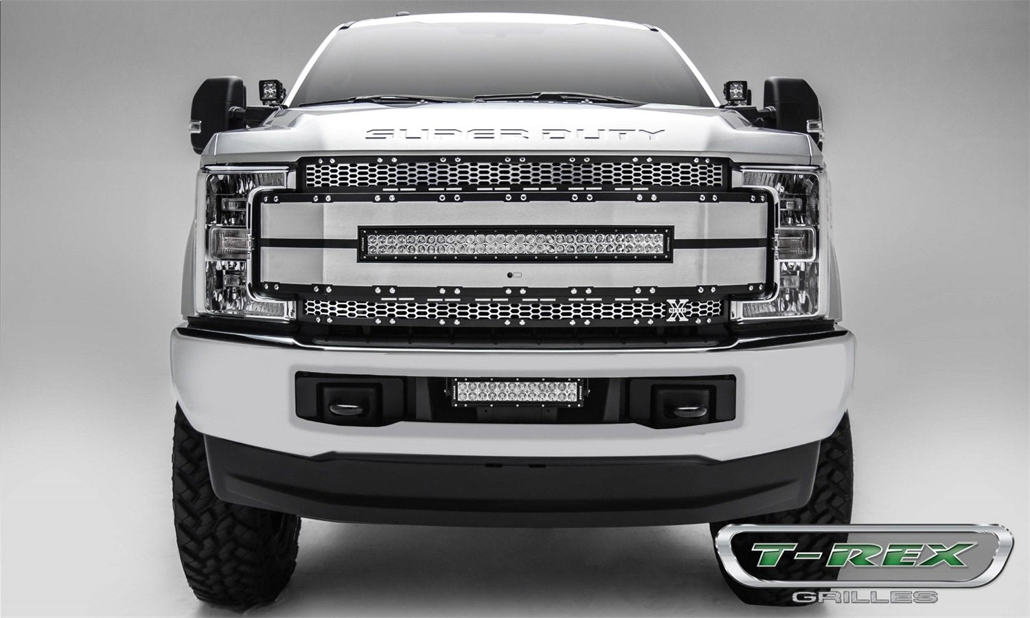 T-Rex Grilles Torch AL Grille 2017-2019 Super Duty, Brushed Mesh and Trim, 1 Pc, Replacement, Chrome Studs with (1) 30" LED, Fits Vehicles with Camera - PN #6315495