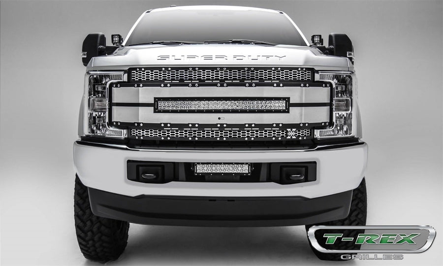 T-Rex Grilles Torch AL Grille 2017-2019 Super Duty, Brushed Mesh and Trim, 1 Pc, Replacement, Chrome Studs with (1) 30" LED, Fits Vehicles with Camera - PN #6315495