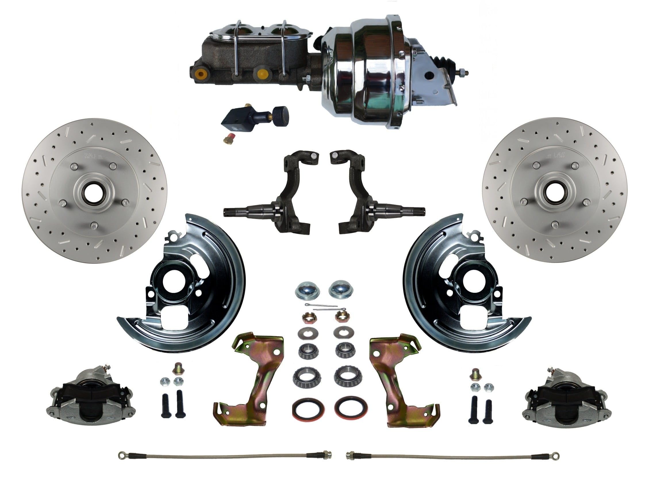 Power Front Disc Brake Conversion Kit LEED BRAKES Cross Drilled And Slotted Rotors With 8" Dual Chrome Booster Cast Iron Chrome Top M/C Adjustable Proportioning Valve