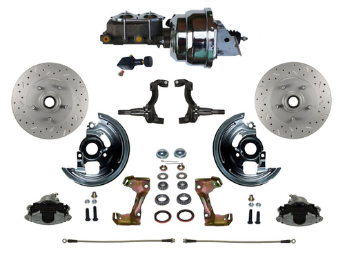 Power Front Disc Brake Conversion Kit LEED BRAKES Cross Drilled And Slotted Rotors With 8" Dual Chrome Booster Cast Iron Chrome Top M/C Adjustable Proportioning Valve