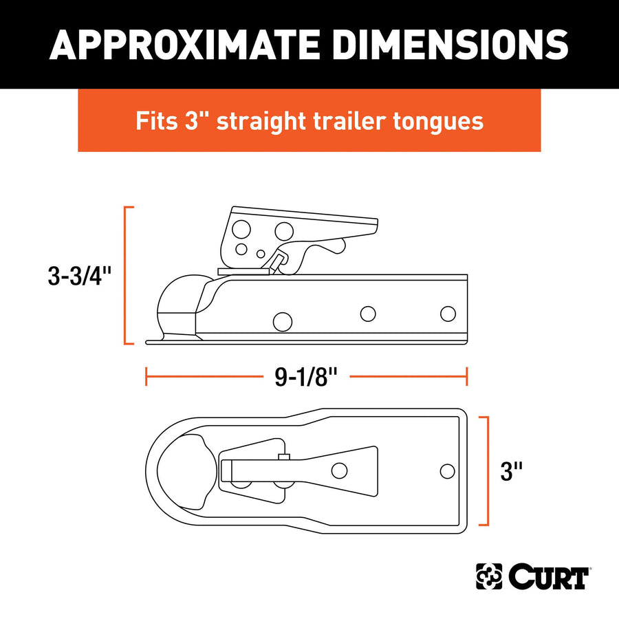 CURT Straight Tongue Trailer Coupler for 1-7/8-In Hitch Ball, 3-Inch Channel, 2,000 lbs, CLEAR ZINC