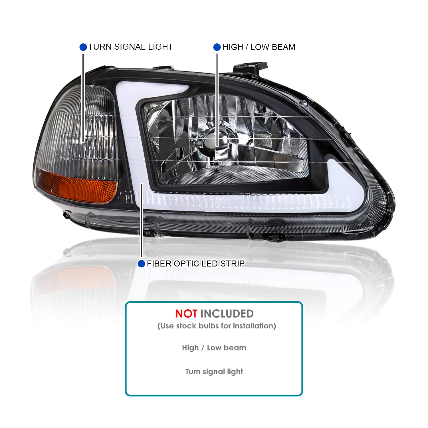 Black Headlights w/LED Tube Bar SPEC-D TUNING Compatible with 1996-1998 Honda Civic 2/4Dr