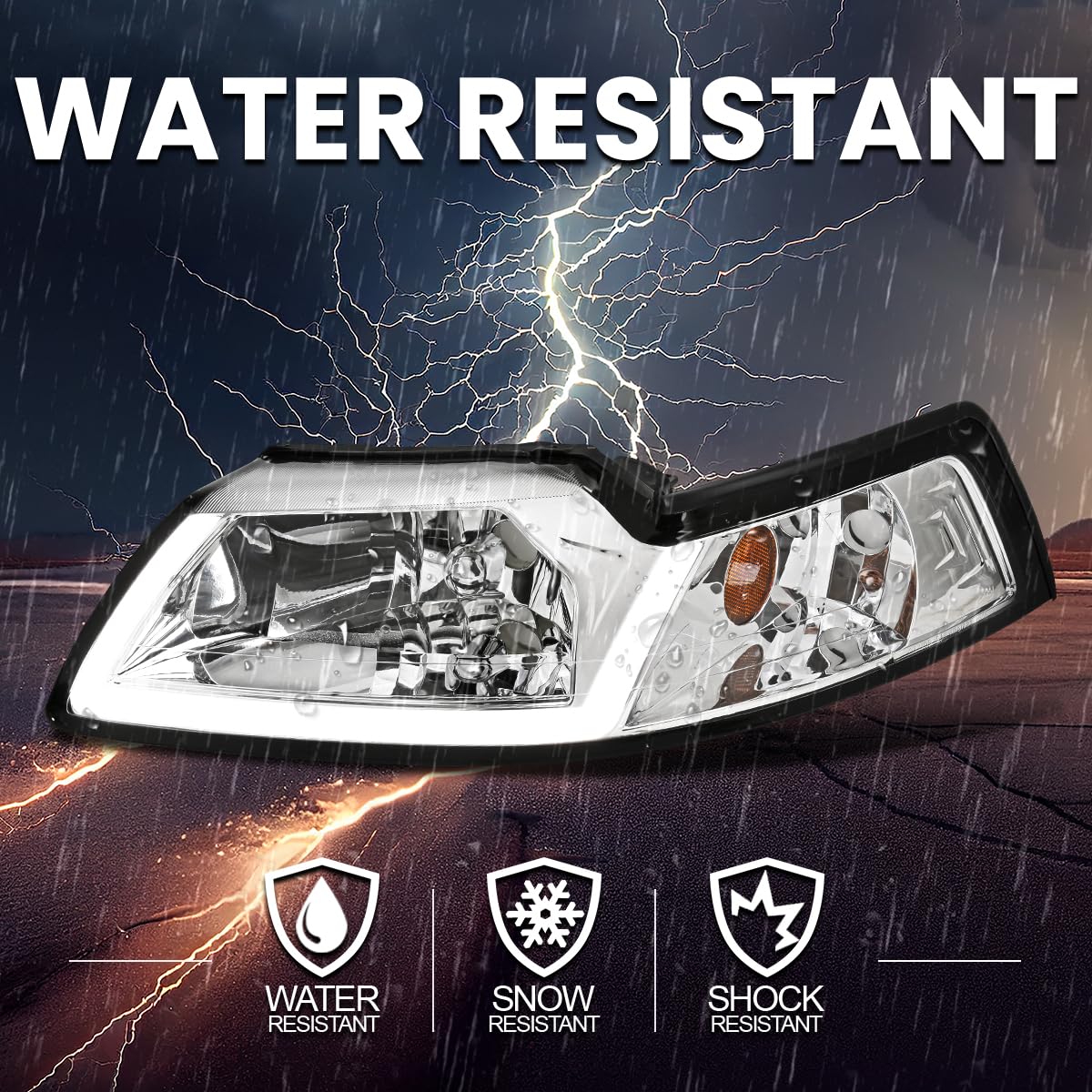 Chrome Headlights with LED Tube Strip SPEC-D TUNING Compatible with 1999-2004 Ford Mustang, Left + Right Pair Headlamp Assembly