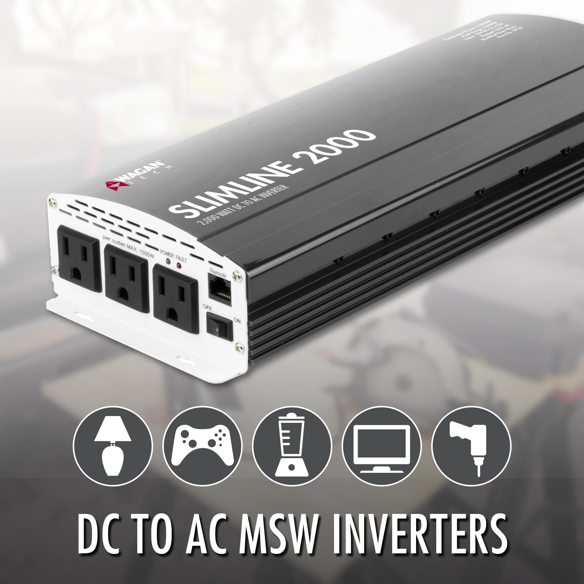 2000W Wagan Slim Line AC to DC Power Inverter 2000W TrueRated Continuous 4500W Surge Power DC 12V to AC 110V Power Inverter with 3 AC Outlets and 2A USB Charging Port