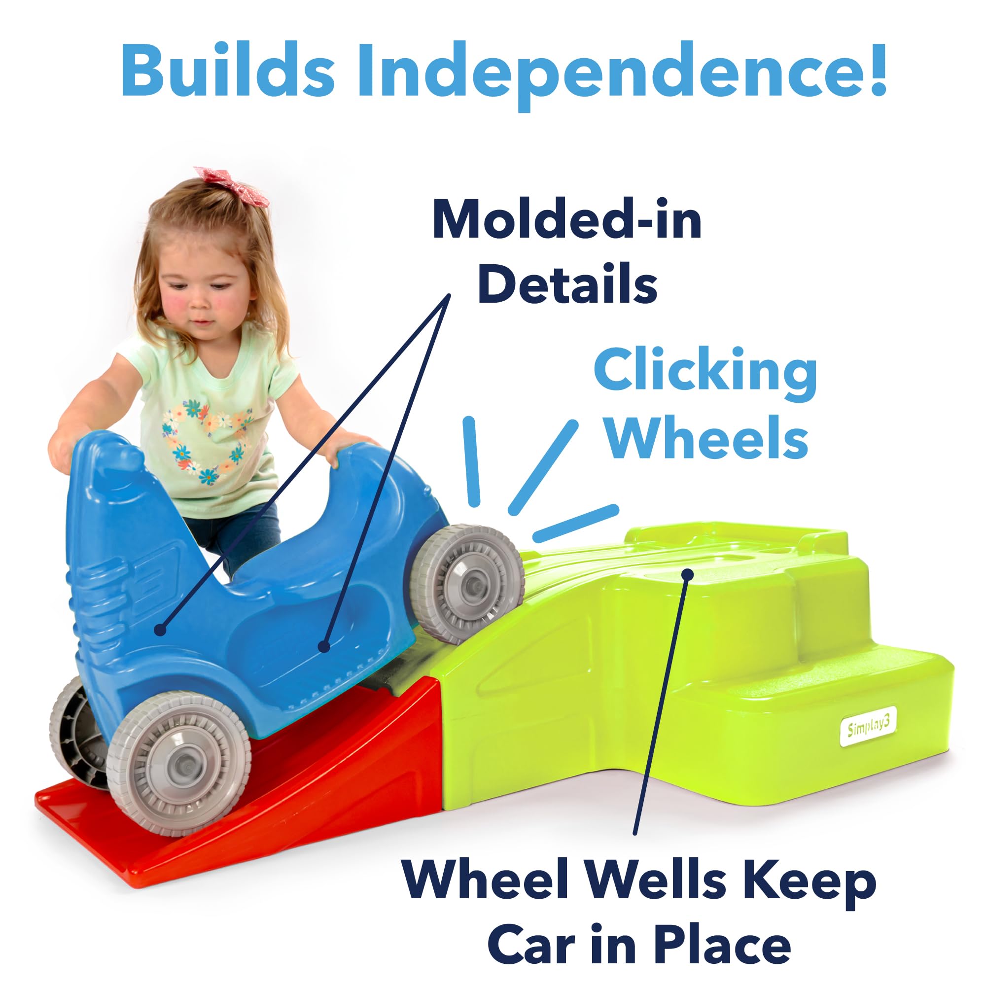 Downhill Thrill Simplay3 Kids Roller Coaster Indoor-Outdoor Ride-on Toy, with Blue Ride-on Car, Coaster Ramp and Clicking Wheels, for Kids Age 2-5 Years, Made in The USA