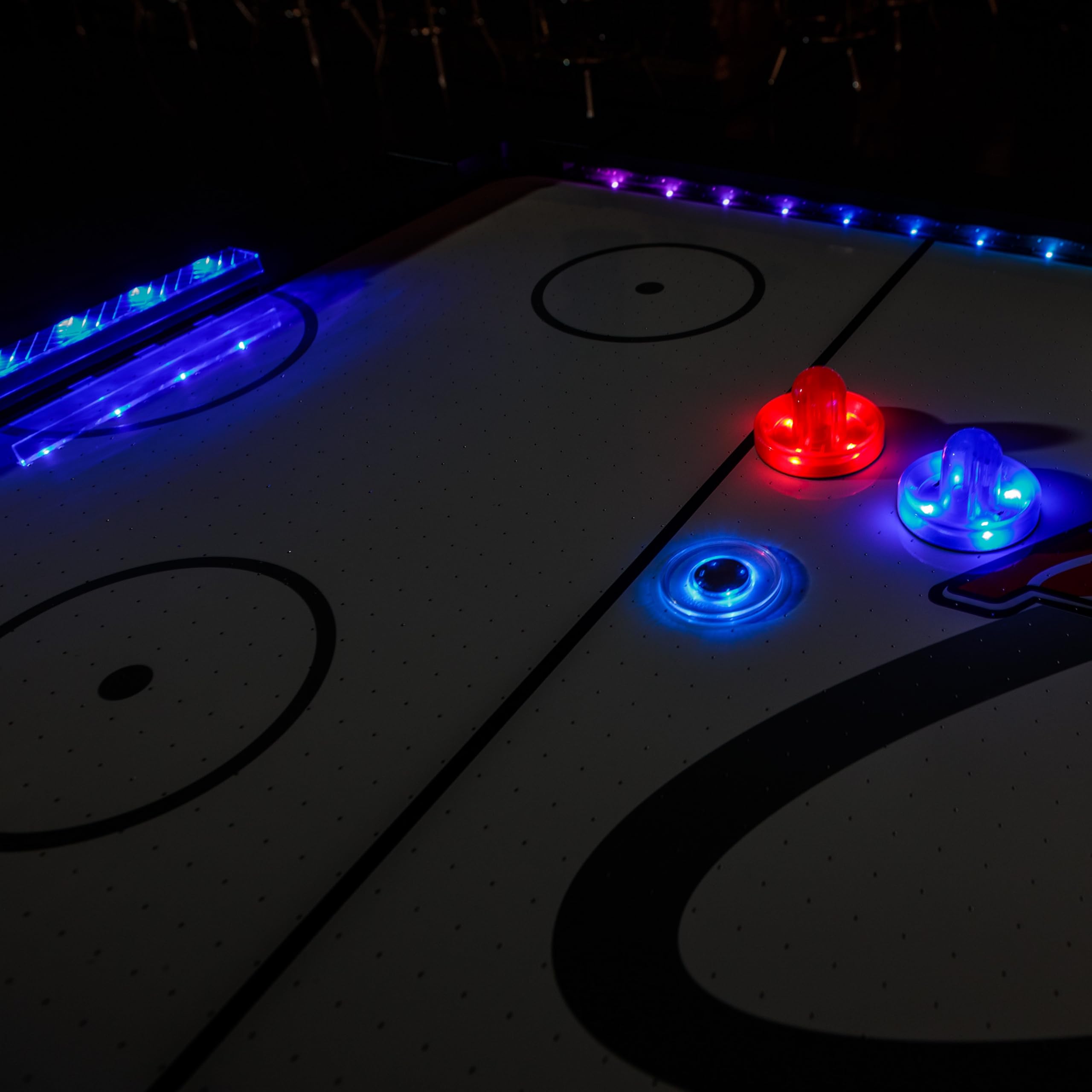 Top Shelf Atomic 7.5’ Air Hockey Table with 120V Motor for Maximum Air Flow, High-Speed PVC Playing Surface for Arcade-Style Play and Multicolor LED Lumen-X Technology to Illuminate Play