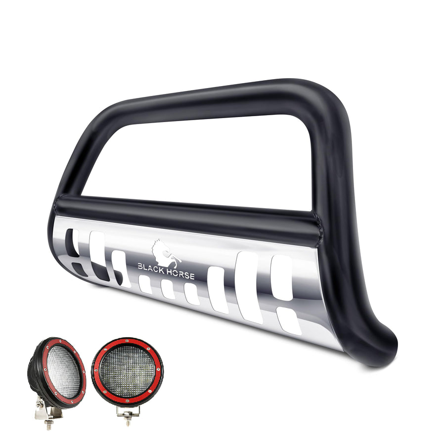 Bull Bar Black Horse Incl. Pair of 5.3" Dia.LED Lights w/Red Trim Rings Skid Plate Compatible with 08-16 Lexus LX570|08-16 Toyota Land Cruiser|08-22 Toyota Sequoia|07-21 Toyota Tundra