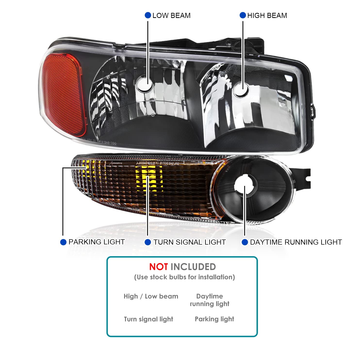 Black Headlights + Bumper Lamps Spec-D Tuning Compatible with 2000-2006 GMC Sierra 1500 2500 Yukon XL Denali, Left + Right Pair Assembly