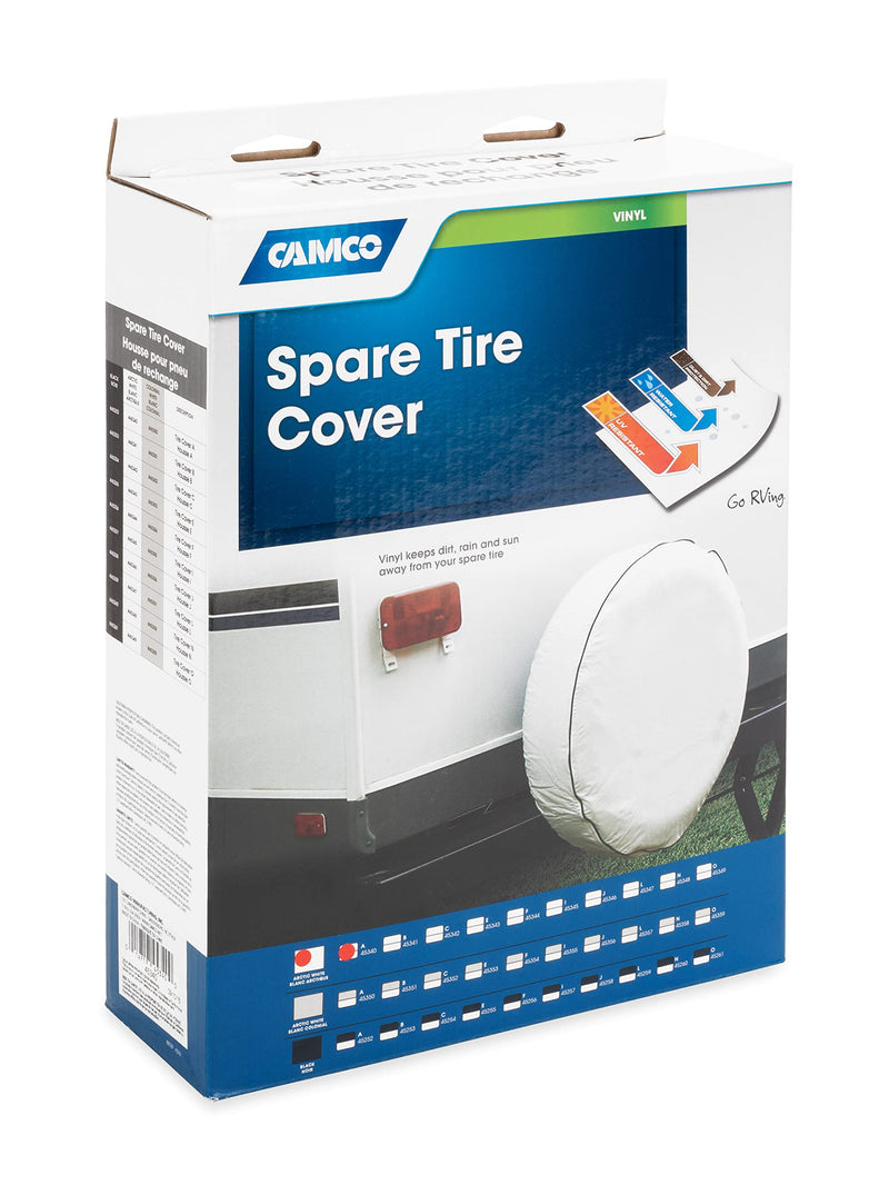 Camco Spare Tire Cover/RV Camper | Features Arctic White Vinyl & Heavy Duty Nylon Thread for Weatherproof Seams | Fits 34-Inch Diameter Tires & Measures 34.5-Inches in Diameter (45340)