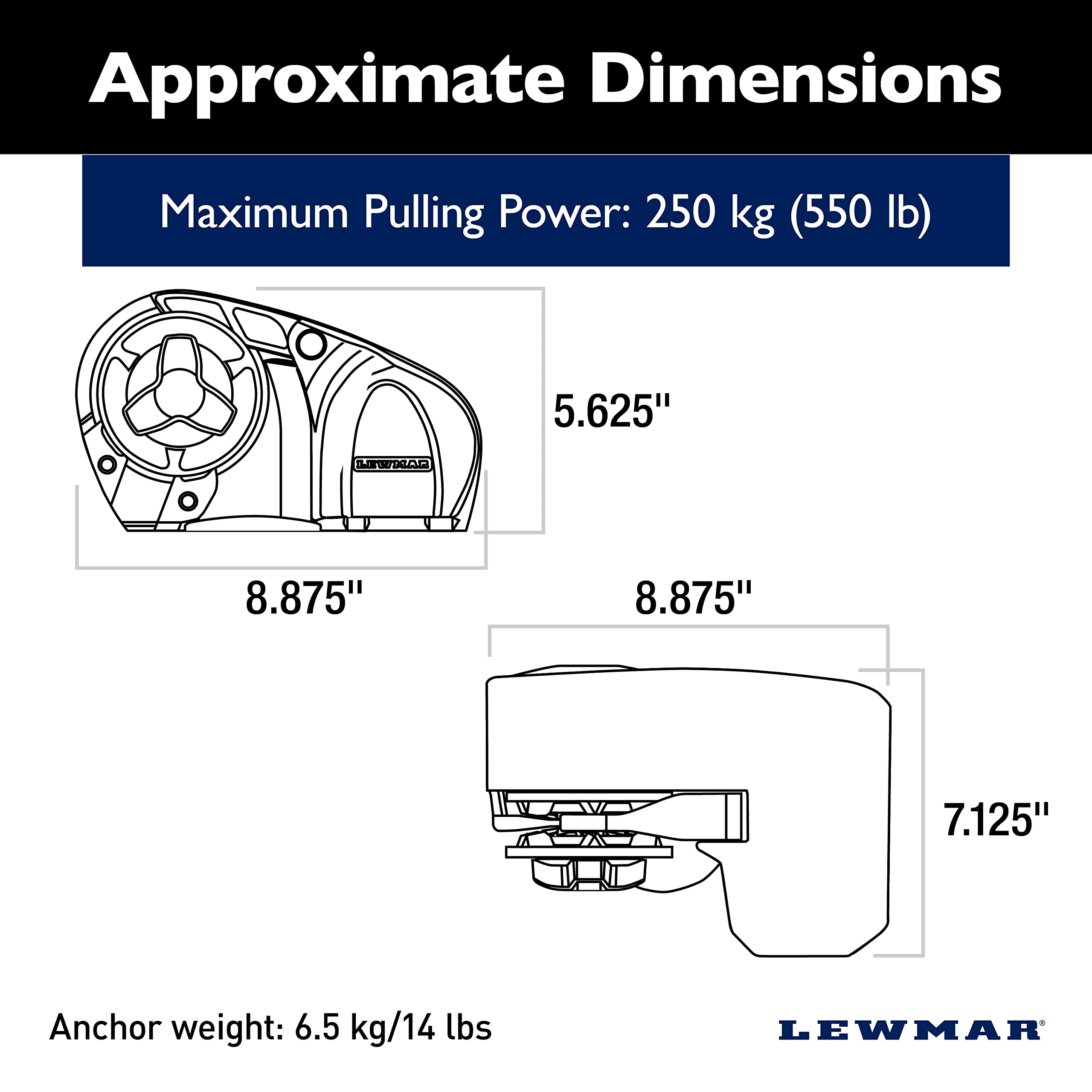 Lewmar 12V Pro Sport Windlass for 1/4" G4 Chain, Manual Freefall, Maximum pull 550 lbs., Port Side Mounted Gypsy, for Boats 20'-30' - 2020201167