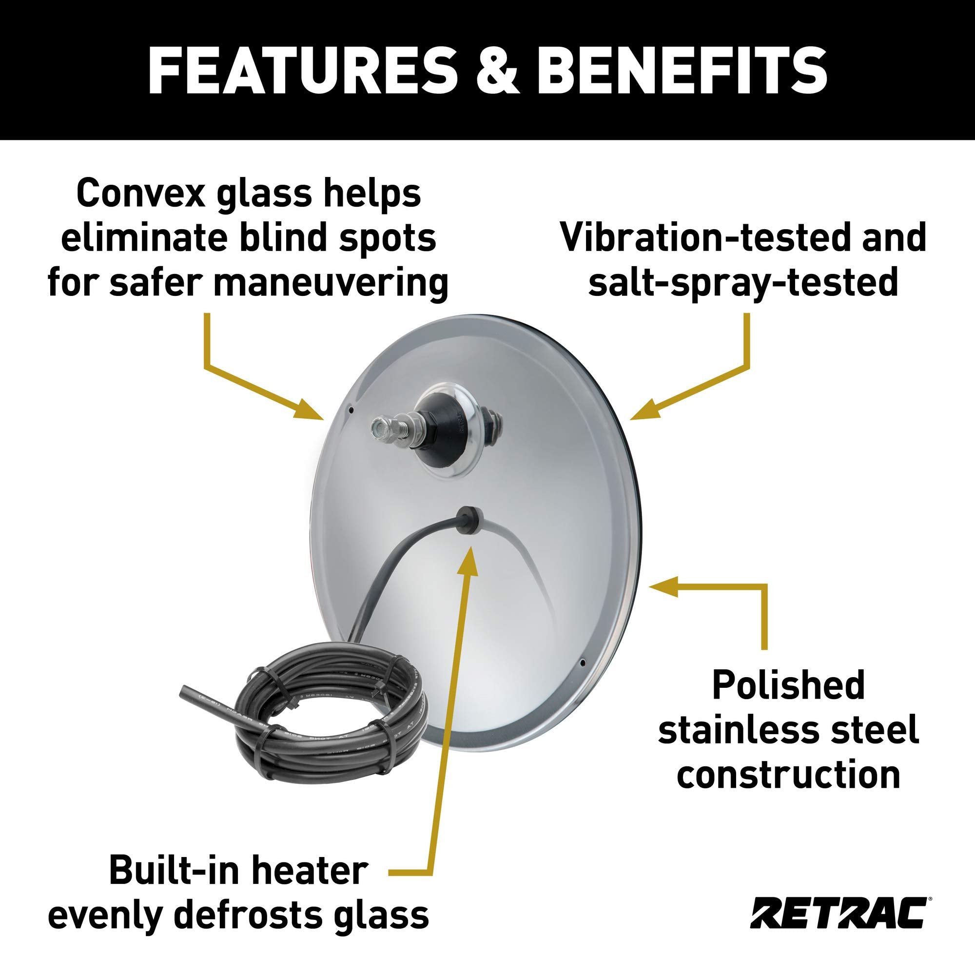 8-1/2-Inch Heated Convex Mirror Head Retrac 609946 with Plastic Ball Stud, Universal Driver or Passenger Side