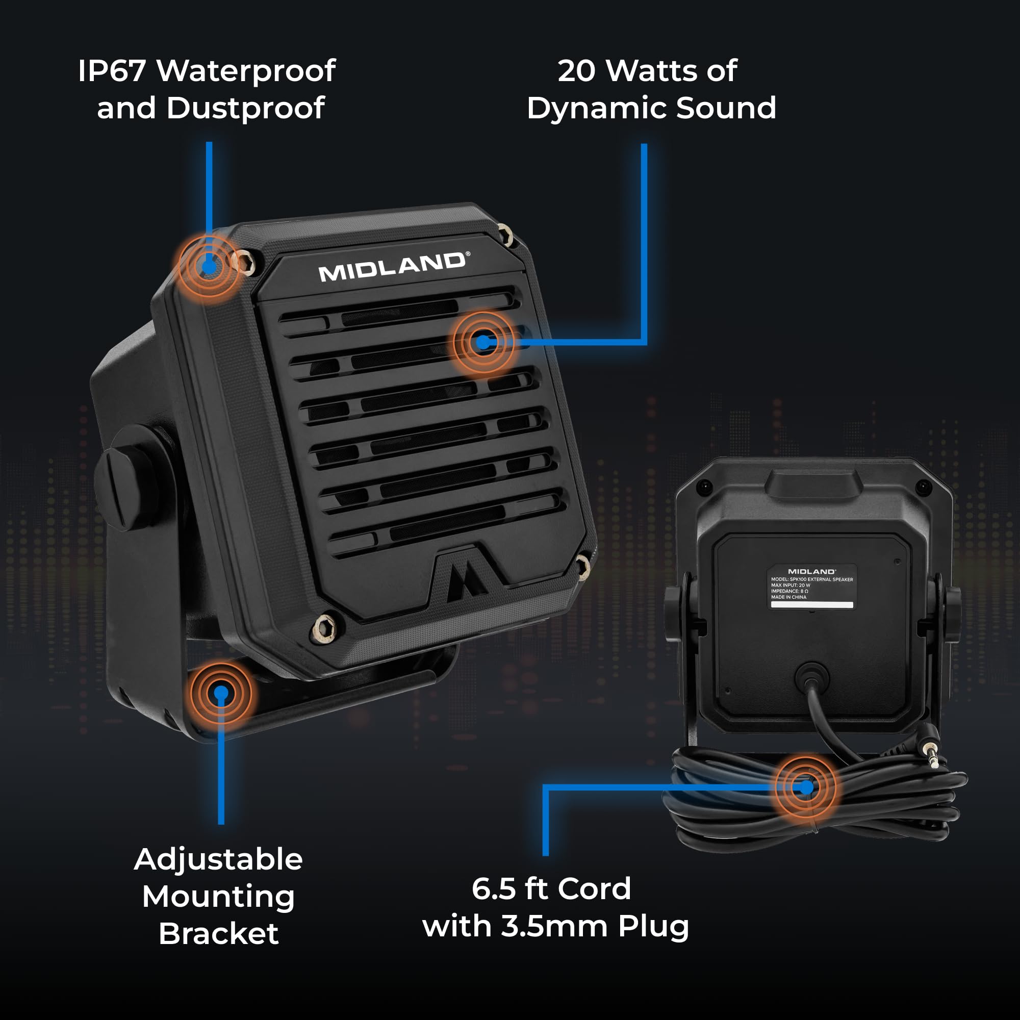 SPK100 Midland Heavy-Duty 20W External Speaker - 180 Degrees Swivel Base Bracket Works with All CB and MXT Radios 8-OHM Sound System 3.5mm Audio Plug - Easy Installation Waterproof Design
