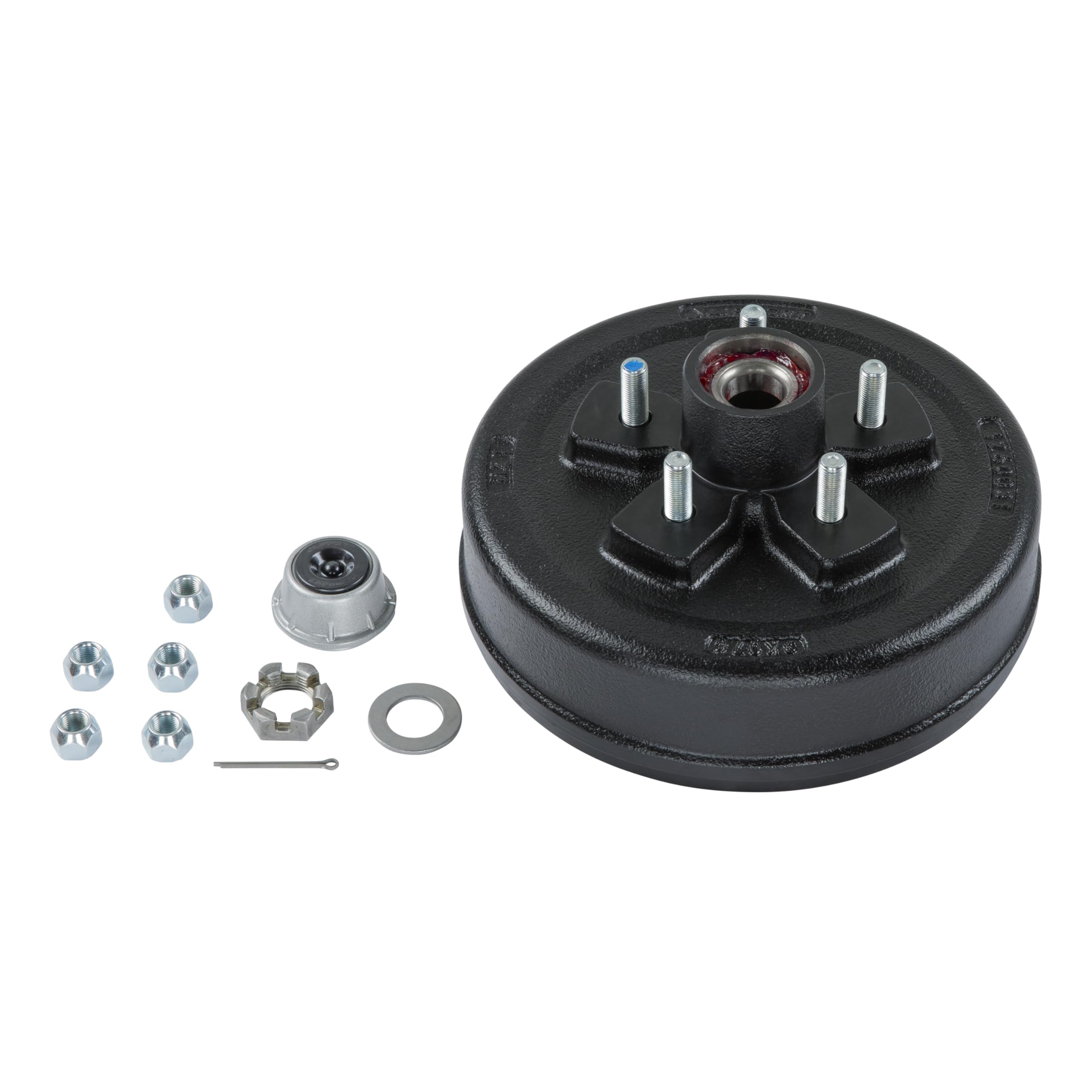Lippert Pre-Greased Complete Hub Assembly Kit for 3,500-lb. Axle Hubs with Brake Hub Assembly, Dust Cap, Cotter Pin, 6-Slot Castle Spindle Nut, Round Spindle Washer, (5) 60° Cone Trailer Lug Nuts