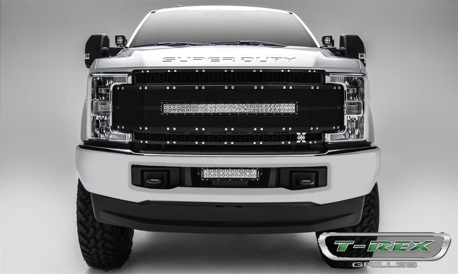 T-Rex Grilles Torch AL Grille 2017-2019 Super Duty, Black Mesh and Trim, 1 Pc, Replacement, Chrome Studs with (1) 30" LED, Fits Vehicles with Camera - PN #6315491