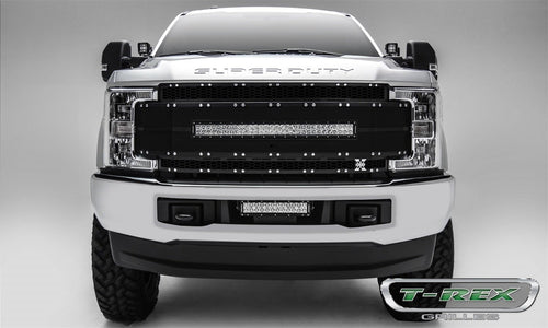 T-Rex Grilles Torch AL Grille 2017-2019 Super Duty, Black Mesh and Trim, 1 Pc, Replacement, Chrome Studs with (1) 30" LED, Fits Vehicles with Camera - PN #6315491