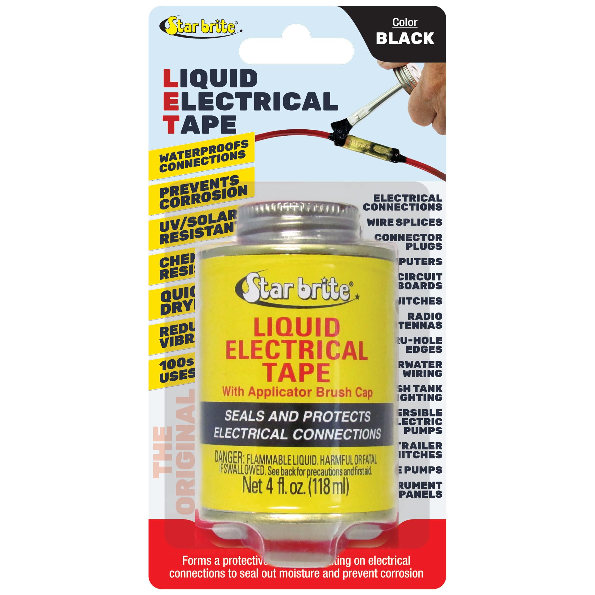 Liquid Electrical Tape STAR BRITE with Applicator Brush Cap - Superior Adhesion & Flexible Protection for Frayed Cables. Terminals & Electric Splices 4 OZ (084104B)
