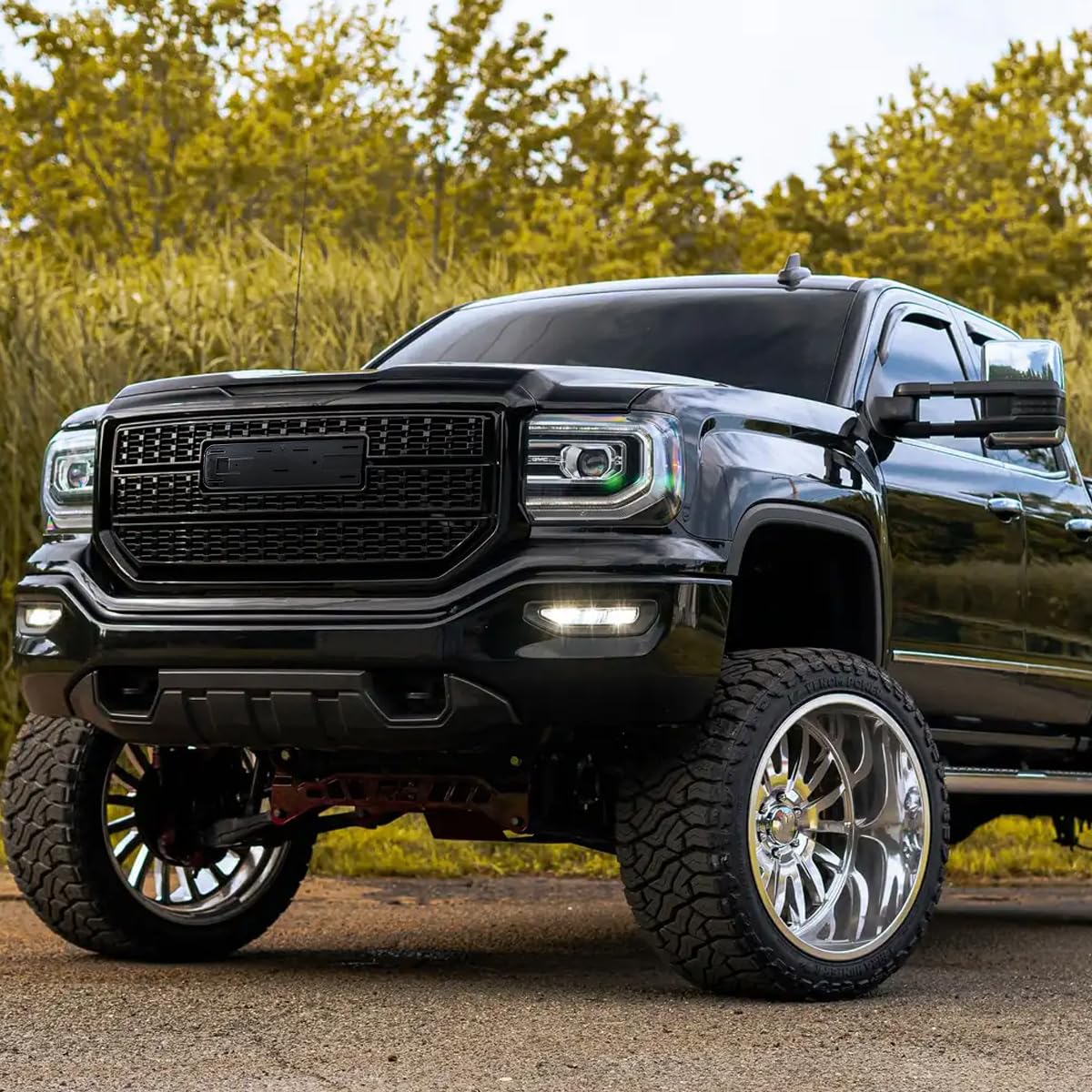 Denali Style Mesh Front Bumper Hood Grille Spec-D Tuning Glossy Black Compatible with 2016-2018 GMC Sierra 1500 SLE SLT