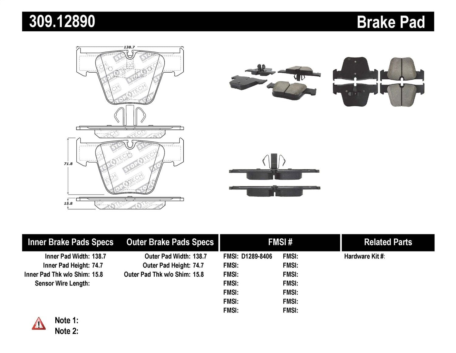 Sport Brake Pads StopTech 309.12890 with Shims and Hardware