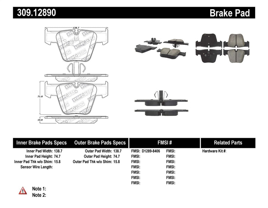 Sport Brake Pads StopTech 309.12890 with Shims and Hardware