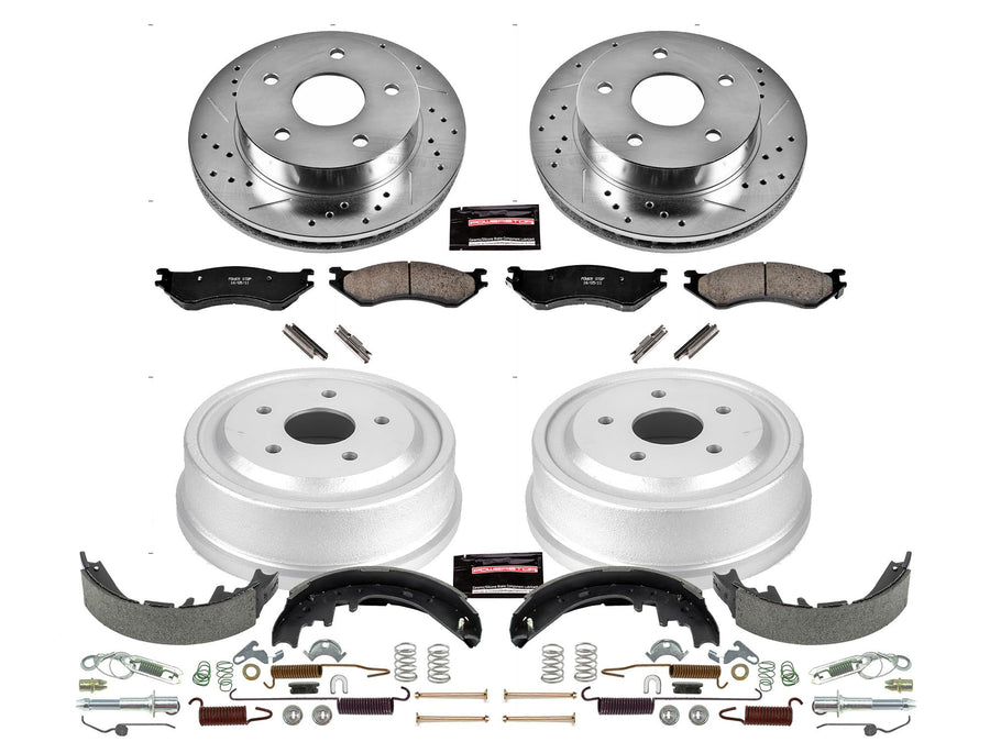 Power Stop K15166DK Z23 Carbon Fiber Brake Pads Front and Rear with Drilled & Slotted Brake Drums Kit For Dodge Ram 1500 2000-2001 [Model Specific]