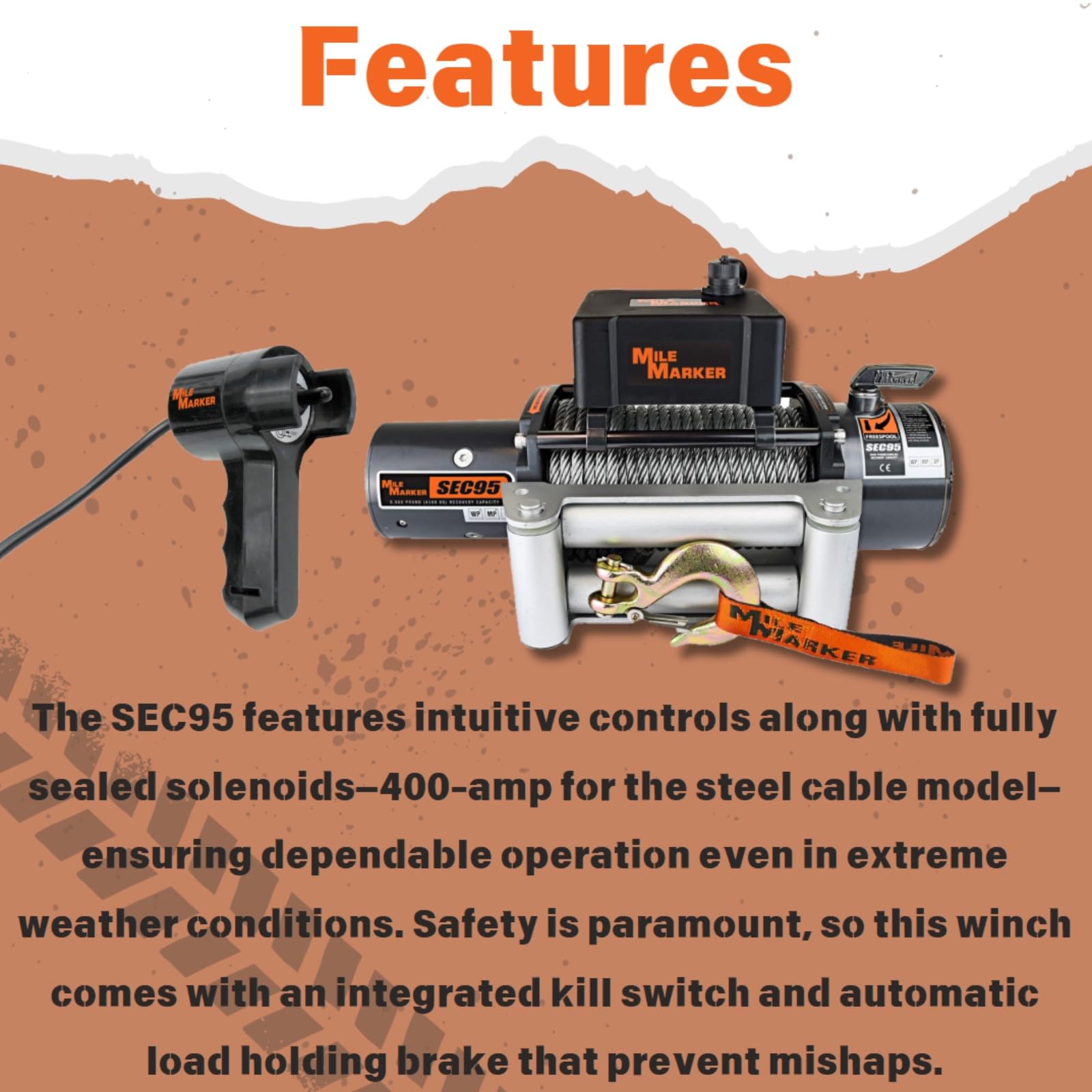 SEC95 Mile Marker 76-50246BW Winch - 9500 lb. Weight Capacity - Steel Cable & Roller Fairlead - Corrosive Resistant Materials - Remote Control Included - Fully Sealed 400 Amp Solenoids