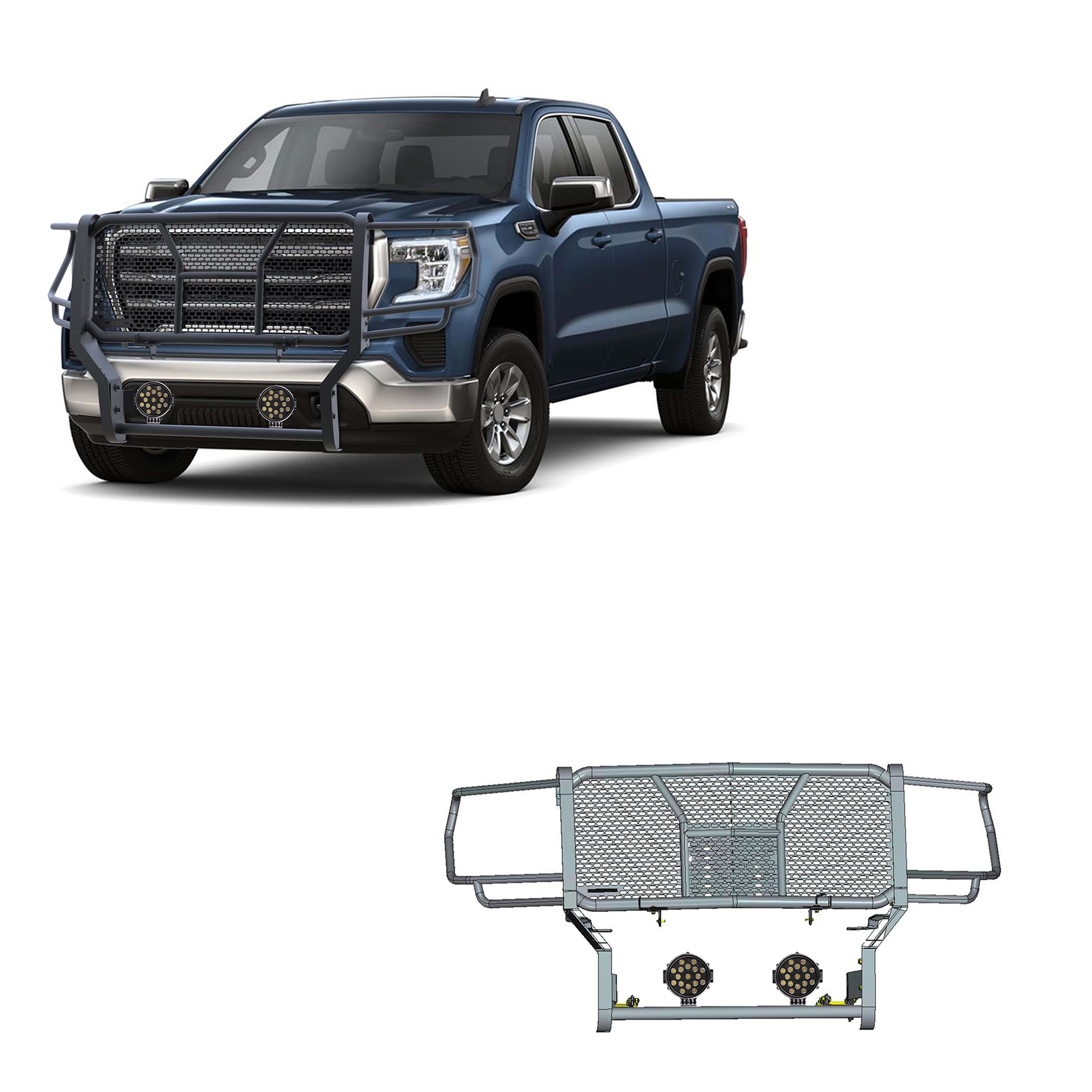 Heavy Duty Black Horse Rugged Grille Brush Bumper Guard Modular Black Come with Pair of 7.0" Dia.LED Lights with Black Trim Rings Compatible with 2020-2023 GMC Sierra 2500 HD/3500 HD-RU-GMSI20-B-PLB