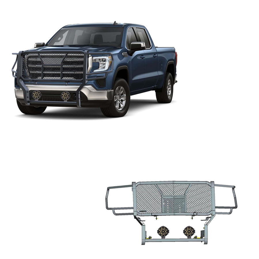 Heavy Duty Black Horse Rugged Grille Brush Bumper Guard Modular Black Come with Pair of 7.0" Dia.LED Lights with Black Trim Rings Compatible with 2020-2023 GMC Sierra 2500 HD/3500 HD-RU-GMSI20-B-PLB