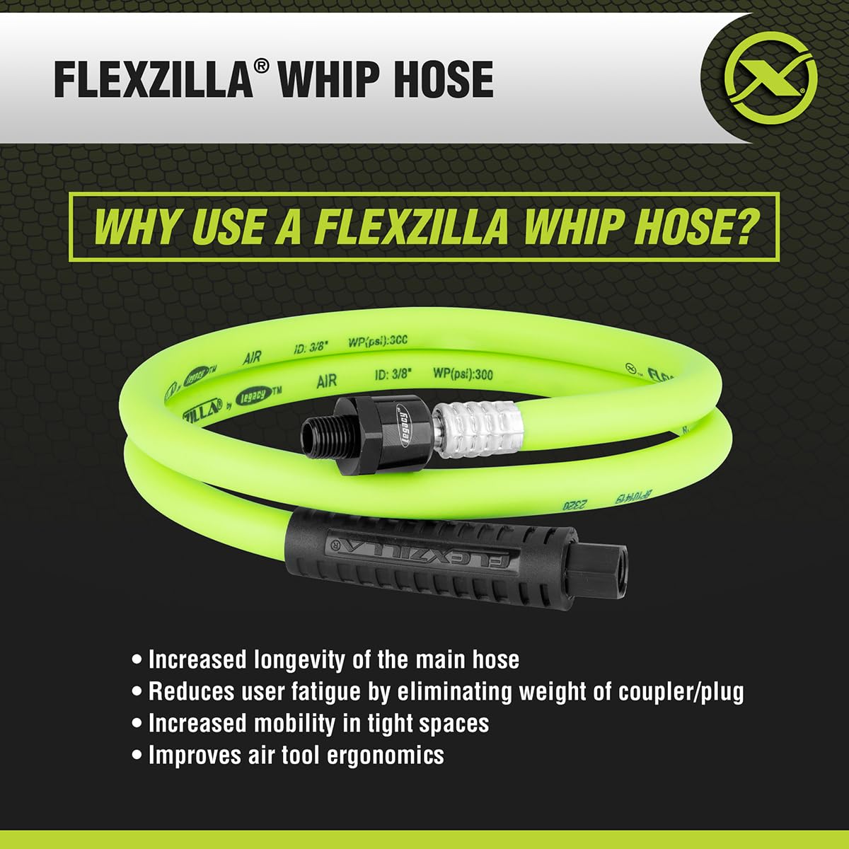 Swivel Whip Air Hose Flexzilla, 3/8 in. x 4 ft. (1/4" MNPT Ball Swivel x 1/4" FNPT Ends), Heavy Duty, Lightweight, Hybrid, ZillaGreen - HFZ3804YW2B