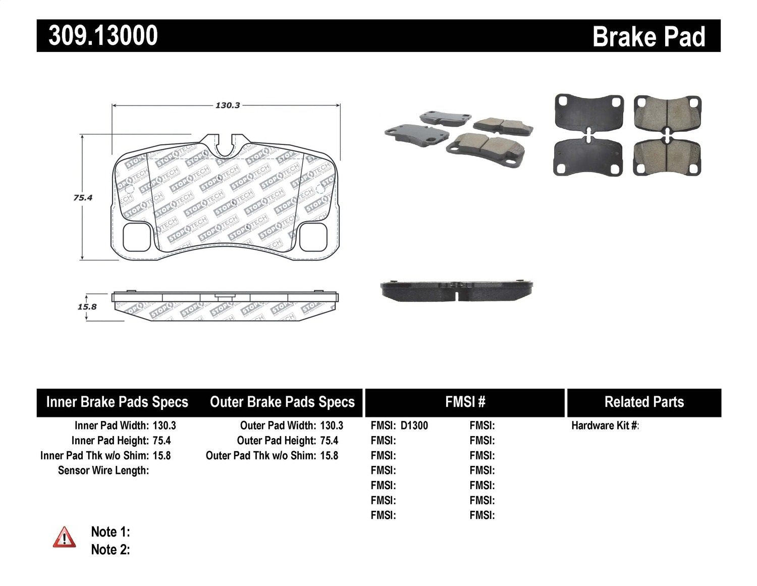 Sport Brake Pads StopTech 309.13000 with Shims and Hardware