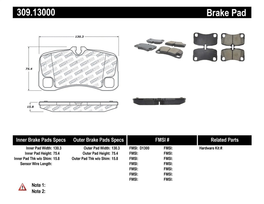 Sport Brake Pads StopTech 309.13000 with Shims and Hardware