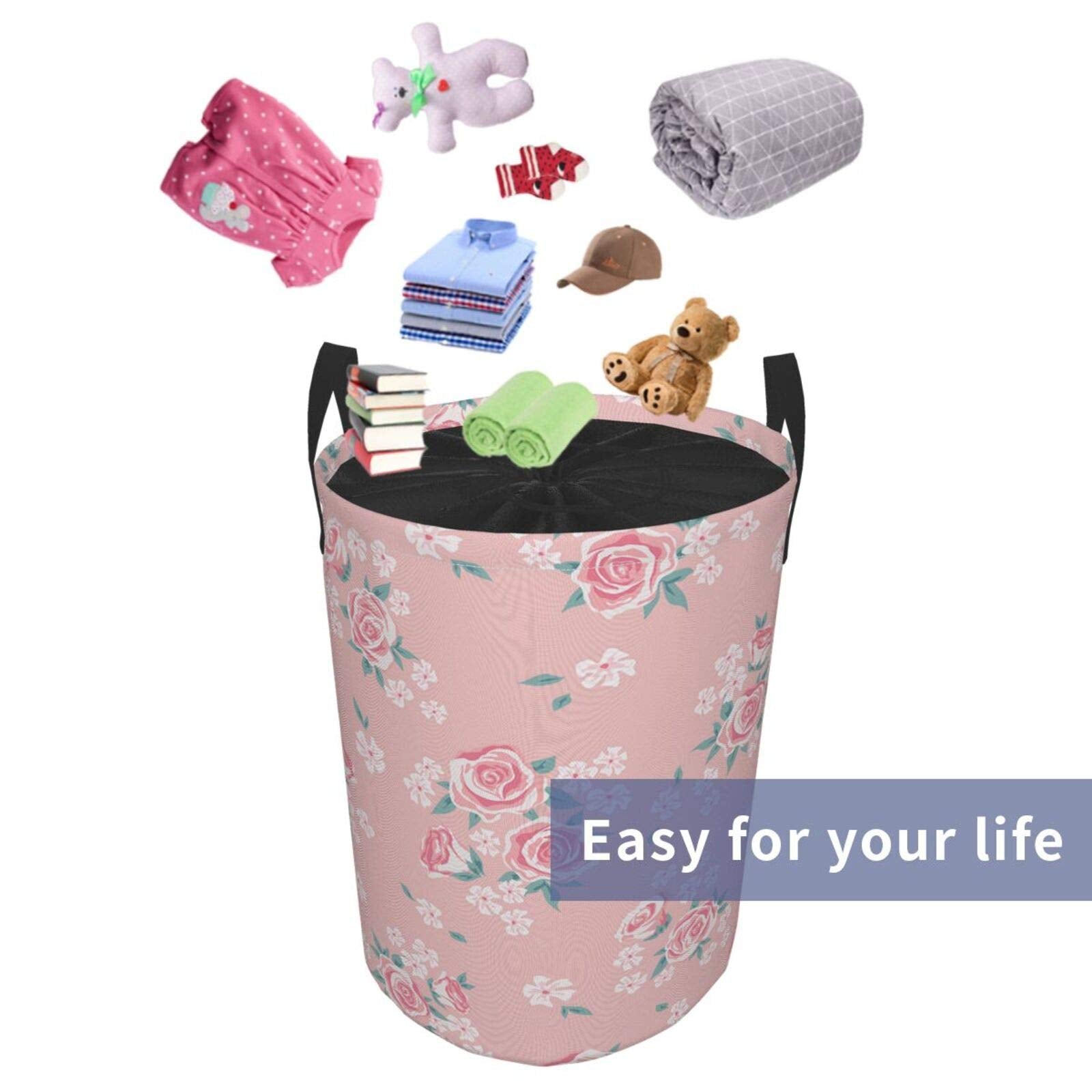 Romantic Shabby Chic Style Large Storage Baskets Inspired Flowers With Little Roses Lilacs Artwork1,Drawstring Waterproof Round Collapsible Laundry Hamper for Dirty Clothes Toy Home Office 19"X14"