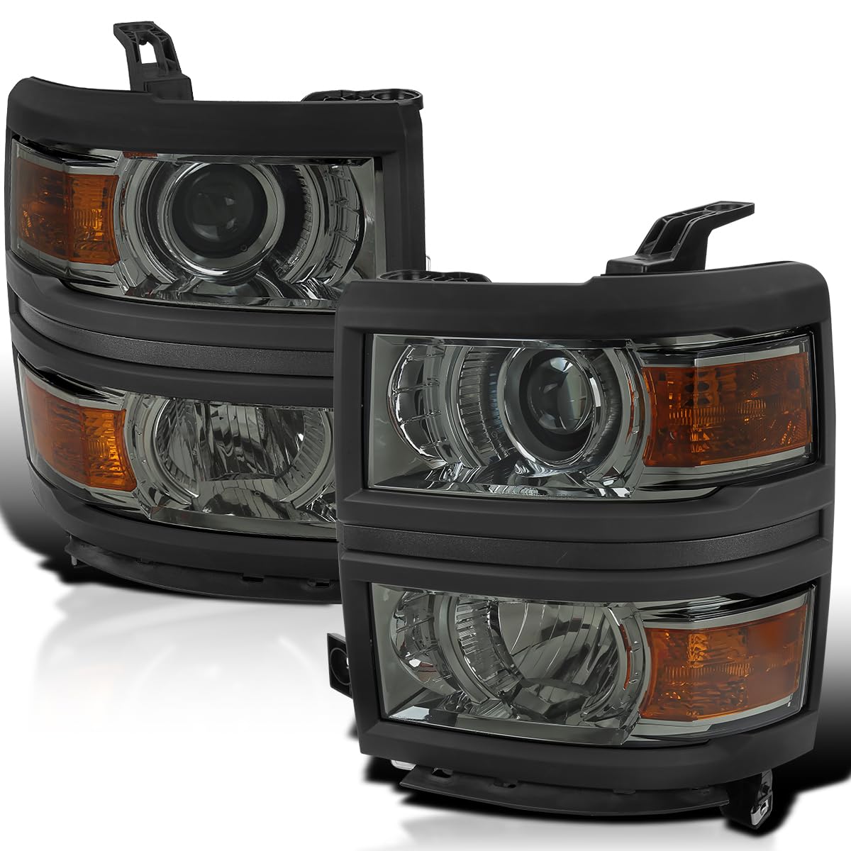 Light Smoke SPEC-D TUNING Projector Headlights w/Black Trim Compatible with 2014-2015 Chevy Silverado 1500, Left + Right Pair Headlamps Assembly