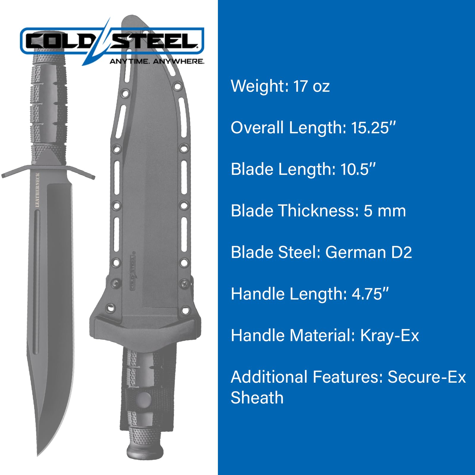 Leatherneck COLD STEEL Bowie 10.5" German D2 Razor-Sharp Blade 4.75" Kray-Ex Durable Handle Tactical Outdoor Fixed Blade Knife w/Secure-Ex Sheath
