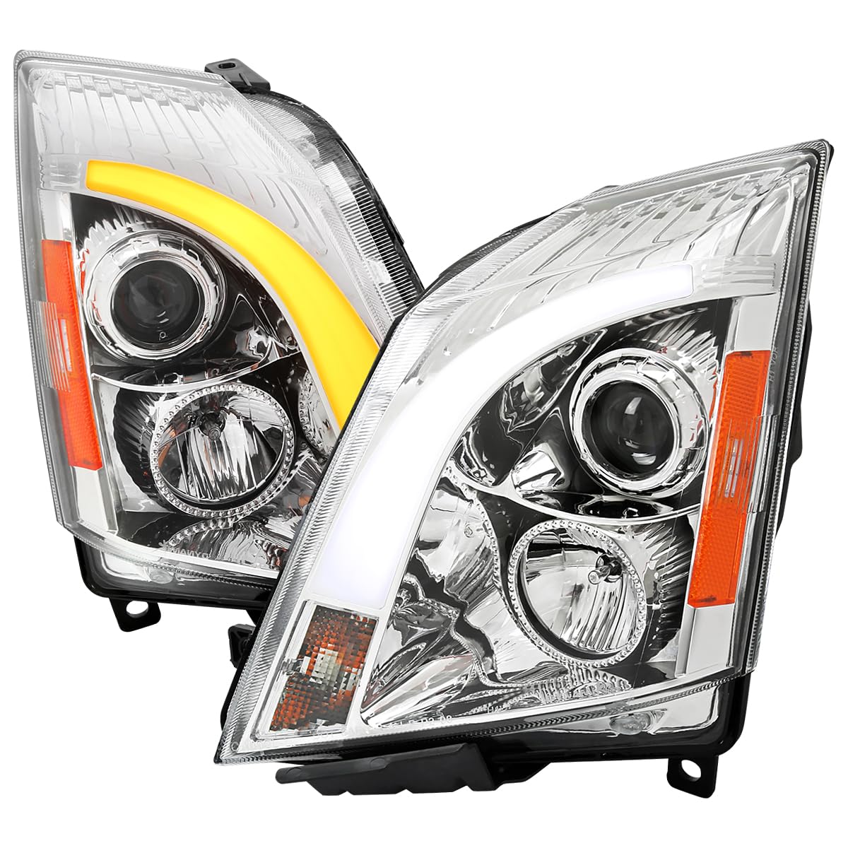 Chrome LED Switchback Projector Headlights SPEC-D TUNING Compatible with 2008-2014 Cadillac CTS, Left + Right Pair Headlamps Assembly