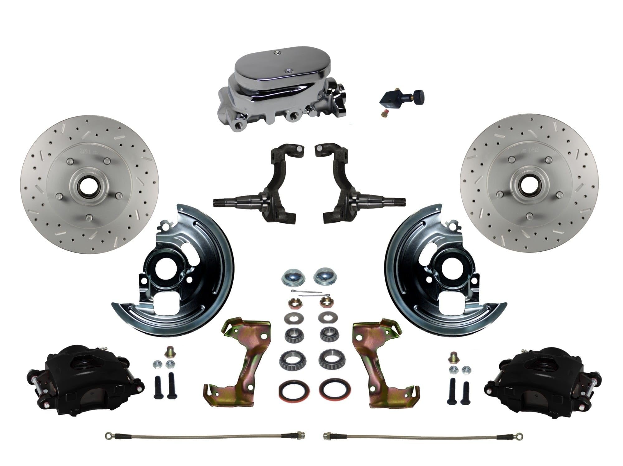 BRAKES LEED Manual Front Disc Brake Kit Drilled And Slotted Rotors, Black Powder Coated Calipers With Chrome M/C Adjustable Proportioning Valve