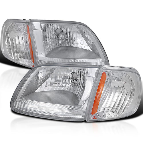 Crystal Chrome Spec-D Tuning Led Headlights + Clear Corner Lamps for 1997-2003 Ford F150/250 Expedition Left + Right Pair