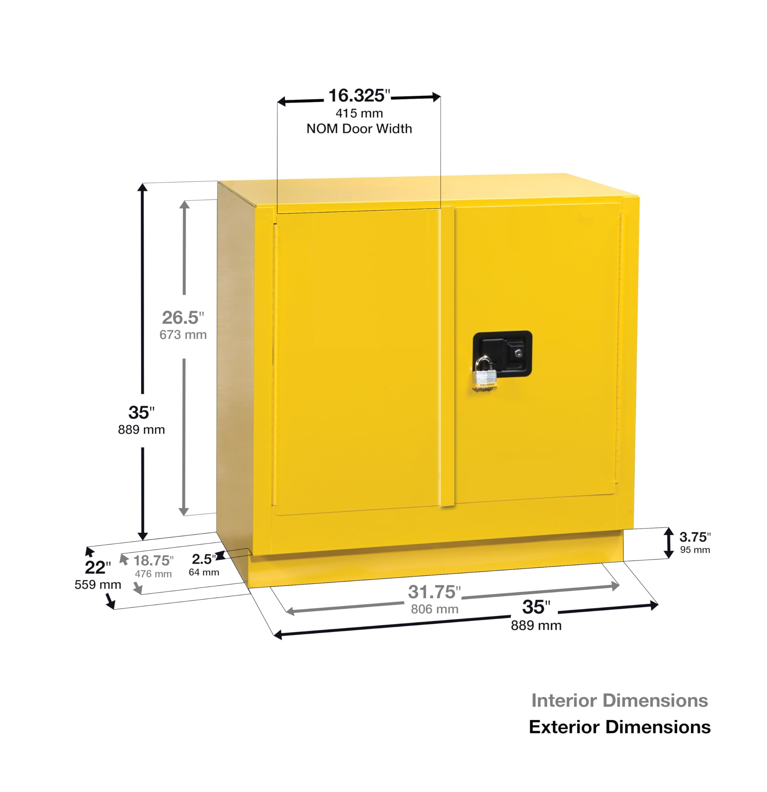 Justrite 22 Gallon Flammable Storage Cabinet Self Close Undercounter, 18 Gauge Steel, 1 Shelf, 2 Door Fire Cabinet, 35" x 35" x 22", Made in The USA, Yellow, 892320