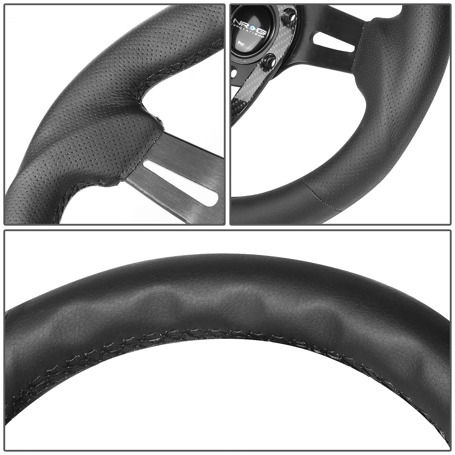 NRG Innovations Reinforced NRG-RST-002RCF Steering Wheel 320mm Sport Lightweight with Carbon Center Spoke, Black Leather and Rivets