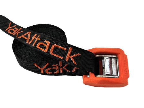 15' YakAttack Cam Strap | Heavy-Duty Polyester Tie Down with Protective Rubber Buckle | Black/Orange - 2 Pack | Kayak Fishing Roof Rack Securement | Made in USA