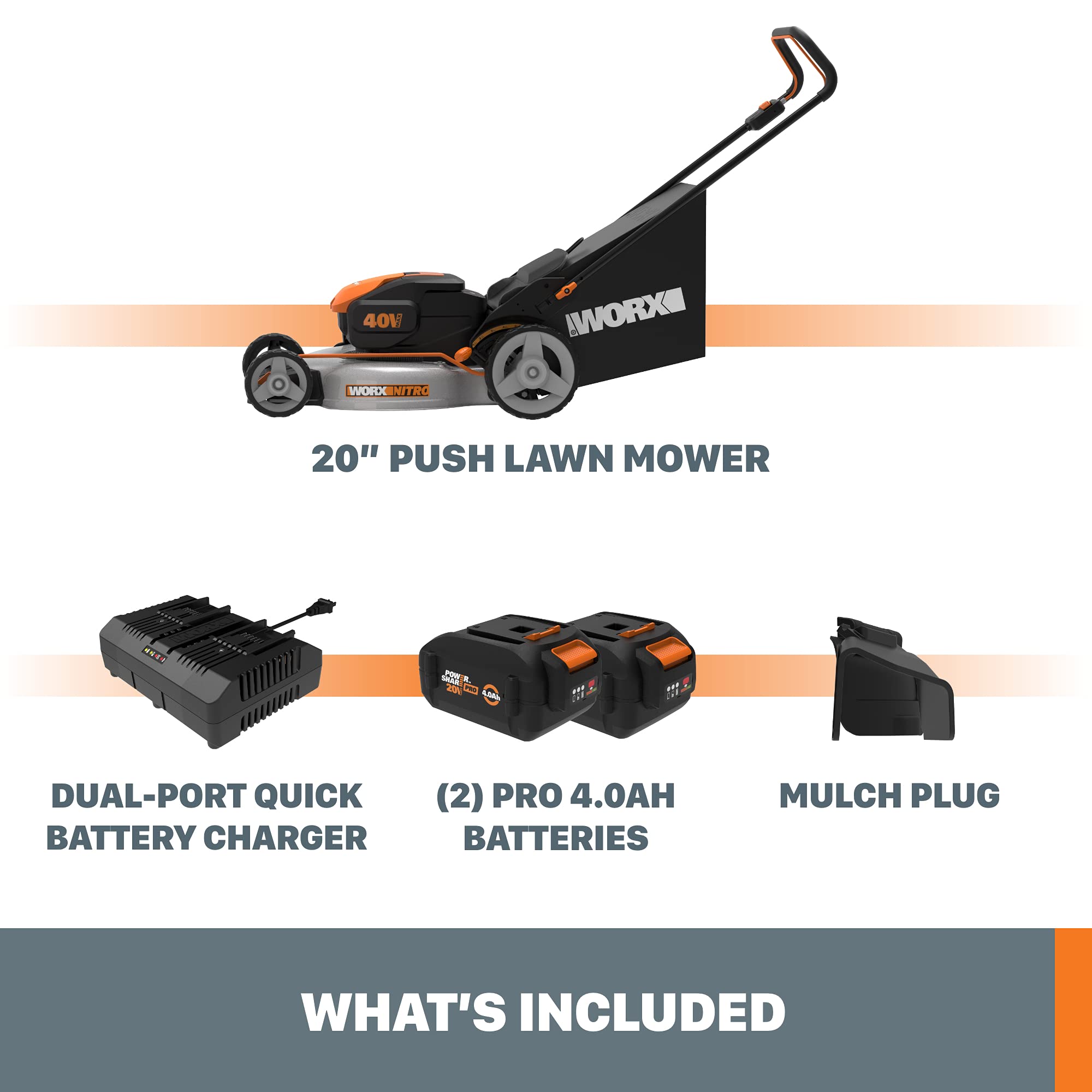 Worx 20" Cordless Lawn Mower Nitro, 3 in 1 Electric Mower with Collapsible Handle, Push Lawn Mower with 7-Position Height Adjustment, 2 Batteries & Charger Included, WG751.3